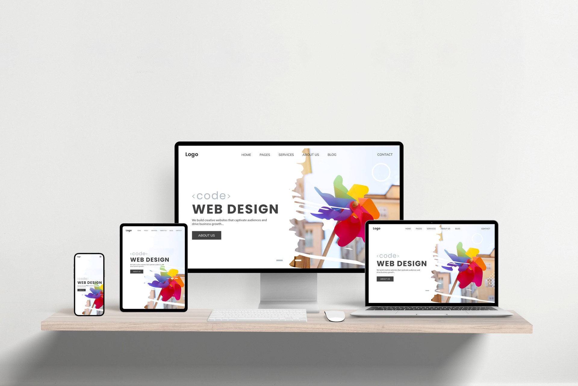 layed across laptop, phone, tablet, and computer on office desk. Showcasing cross-device functionality and modern presentation for professional web development